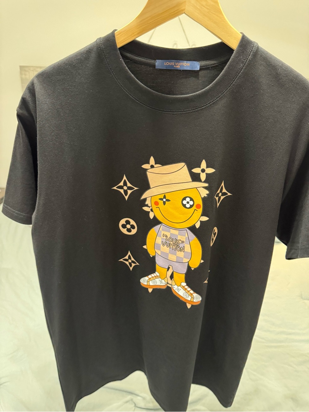 Louis Vuitton Black Tee with Yellow Smiley Character